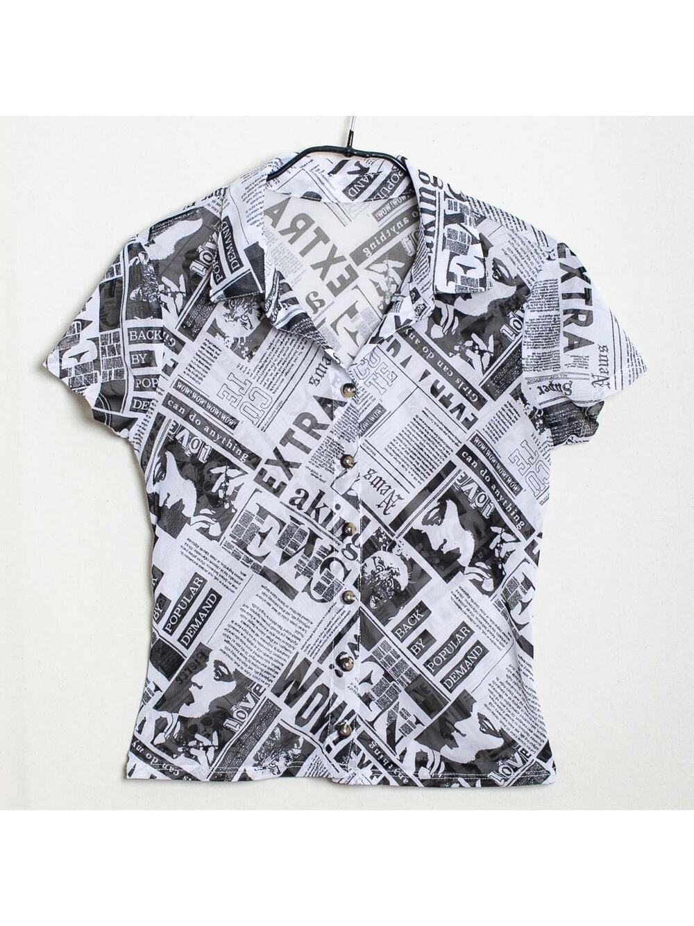 Vintage Y2K Newspaper Print Sheer Button Up Top Black White Babydoll XS/S 2000s